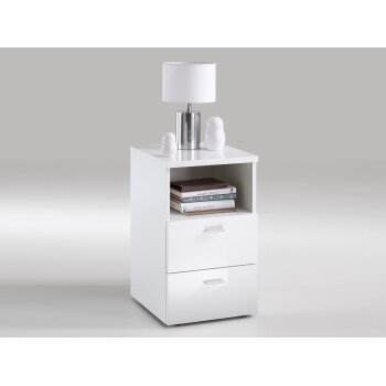 FMD Boxspringbett Nachtkonsole mit 2 Schubladen, Hochglanz-Weiß - B-Ware sehr gut