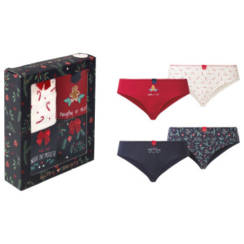 Happy Shorts Damen Slips, 4 Stück, mit Weihnachtsmotiv & Geschenkverpackung - B-Ware