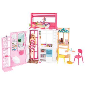 Barbie Ferienhaus, mit Möbeln und Puppe, tragbar -...