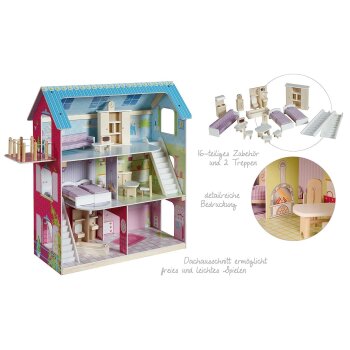 roba Puppenhaus, Puppenvilla inkl. 16 Puppenmöbel, pastell - B-Ware sehr gut
