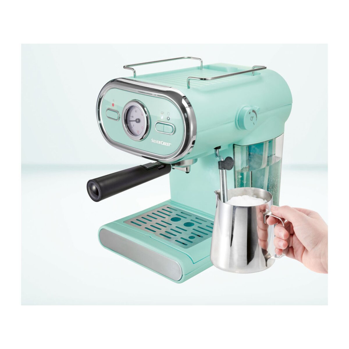 SILVERCREST® KITCHEN TOOLS Espressomaschine/Siebträger Pastell mint B-Ware 1100 D3 € SEM gut, - 44,99