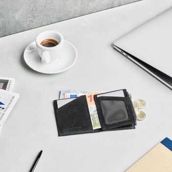 DONBOLSO Herren Leder Slim Wallet mit Münzfach, schwarz - B-Ware sehr gut