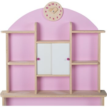 roba Kaufladen, mit Seitentheke, Uhr, rosa Rückwand & weißen Schiebetüren, Holz natur - B-Ware sehr gut