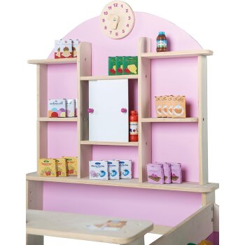 roba Kaufladen, mit Seitentheke, Uhr, rosa Rückwand & weißen Schiebetüren, Holz natur - B-Ware sehr gut