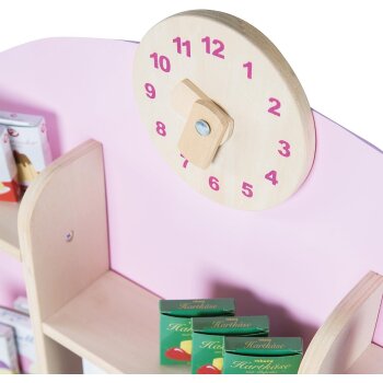 roba Kaufladen, mit Seitentheke, Uhr, rosa Rückwand & weißen Schiebetüren, Holz natur - B-Ware sehr gut