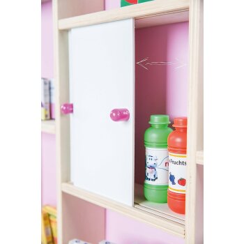 roba Kaufladen, mit Seitentheke, Uhr, rosa Rückwand & weißen Schiebetüren, Holz natur - B-Ware sehr gut