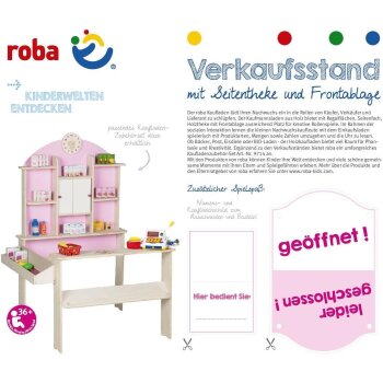 roba Kaufladen, mit Seitentheke, Uhr, rosa Rückwand & weißen Schiebetüren, Holz natur - B-Ware sehr gut
