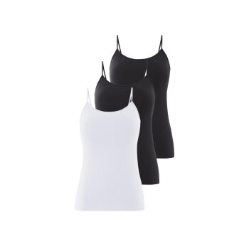 esmara® Damen Spaghettiträgerhemden, 3 Stück, hoher Baumwollanteil (Schwarz/weiß, L(44/46)) - B-Ware neuwertig