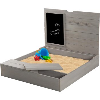 roba Sandkasten mit Deckel, aufklappbar mit Tafel & 3 Haken, Massivholz grau lasiert - B-Ware Transportschaden Kosmetisch