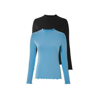 esmara® Damen Langarmshirts, 2 Stück, aus weicher Ripp-Qualität (Schwarz/blau, M(40/42)) - B-Ware neuwertig