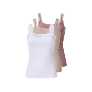 esmara® Damen Gerippte Tops mit Spitze, 3 Stück (dunkelrosa/hellrosa/weiß, S(36/38)) - B-Ware neuwertig