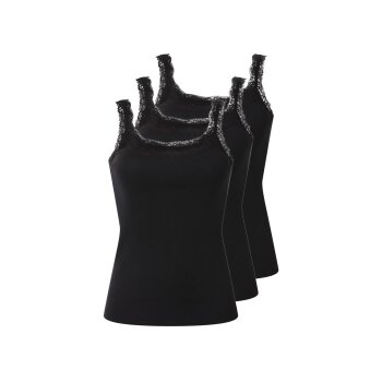 esmara® Damen Gerippte Tops mit Spitze, 3 Stück (Schwarz, L(44/46)) - B-Ware neuwertig