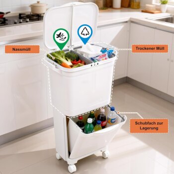 Ribelli Doppelfach-Mülleimer, auf Rädern, 45L, weiß - B-Ware sehr gut
