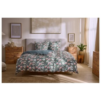 LIVARNO® Satin-Bettwäsche, 200 x 220 cm (Blumen/grün) - B-Ware neuwertig