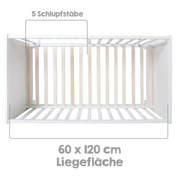 roba 2 in 1 Babybett 60 x 120 cm + Matratze - Gitter- & Beistellbett 6-fach Höhenverstellbar, Holz/weiß - B-Ware Transportschaden Kosmetisch