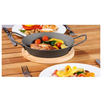 GRILLMEISTER Ø 32 Eisen-Grillpfanne / Ø 28,5 Eisen-Grillpfanne mit perforiertem Boden / Ø 20 Eisen-Grillpfanne mit Servierbrett - B-Ware
