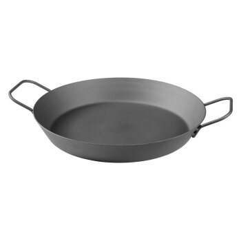 GRILLMEISTER Ø 32 Eisen-Grillpfanne / Ø 28,5 Eisen-Grillpfanne mit perforiertem Boden / Ø 20 Eisen-Grillpfanne mit Servierbrett (Eisenpfanne 32) - B-Ware sehr gut