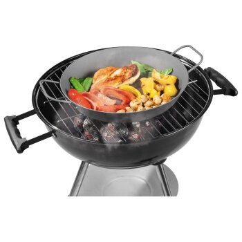 GRILLMEISTER Ø 32 Eisen-Grillpfanne / Ø 28,5 Eisen-Grillpfanne mit perforiertem Boden / Ø 20 Eisen-Grillpfanne mit Servierbrett (Eisenpfanne 32) - B-Ware sehr gut