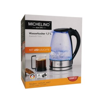 Michelino Wasserkocher mit LED-Beleuchtung, 1.7 L, silber - B-Ware neuwertig