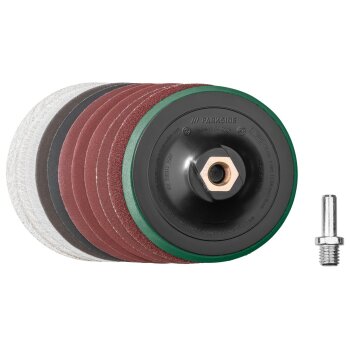 PARKSIDE® Fächerscheiben-Set / Klettschleifteller mit Schleifpapier-Set / Reinigungsscheibe / Schruppscheiben-Set, Ø 125 mm (Schleifteller mit Schaft) - B-Ware neuwertig