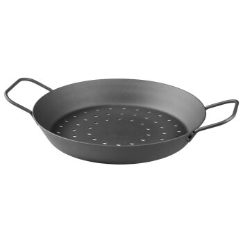 GRILLMEISTER Ø 32 Eisen-Grillpfanne / Ø 28,5 Eisen-Grillpfanne mit perforiertem Boden / Ø 20 Eisen-Grillpfanne mit Servierbrett (Eisenpfanne 28cm, gelocht) - B-Ware sehr gut