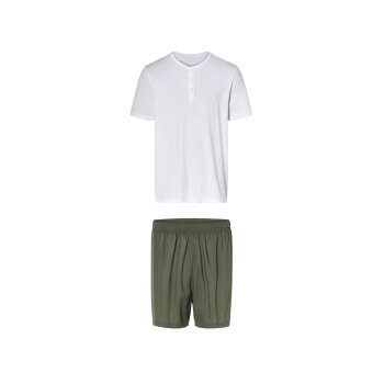 LIVERGY® Herren Pyjama, kurz, aus reiner Baumwolle (weiß/khaki, S (44/46)) - B-Ware neuwertig