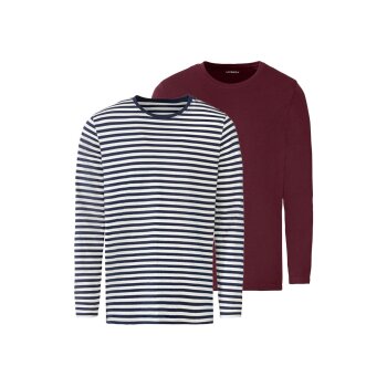 LIVERGY® Herren Langarmshirt 2 Stück, mit Baumwolle (Streifen dunkelrot, L(52/54)) - B-Ware neuwertig