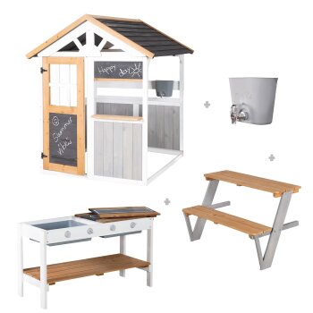 roba Gartenspielhaus mit Spielküche und Picknicktisch, Holz, mehrfarbig lasiert - B-Ware Transportschaden Kosmetisch