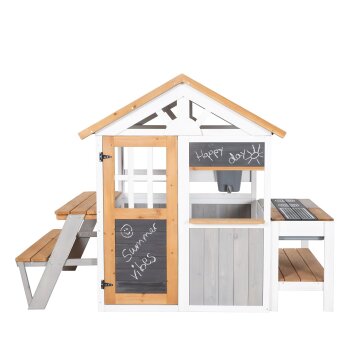 roba Gartenspielhaus mit Spielküche und Picknicktisch, Holz, mehrfarbig lasiert - B-Ware Transportschaden Kosmetisch